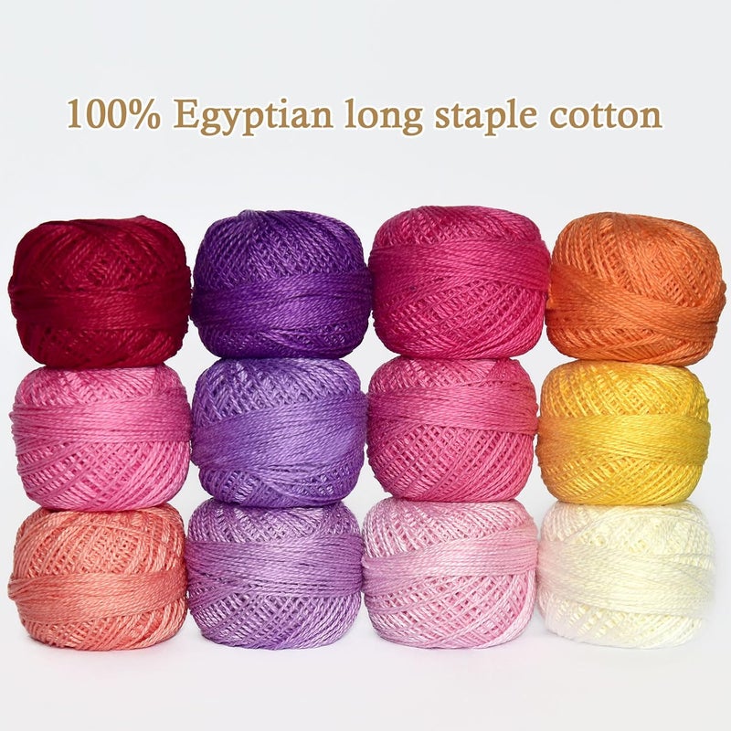 colored bird Double Mercerized Egyptian Long Staple Cotton Pearl Thread Ball 10 Grams Rainbow Color Embroidery Thread 12 Colors per Box for Crochet Hardanger Cross Stitch Hand Embroidery,redpurple Series - Image 2
